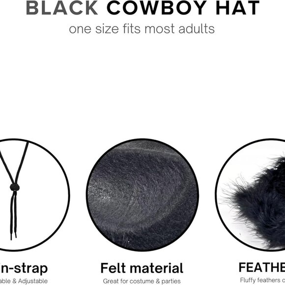 Cowboy Hat Felt with Feathers for Women Black Cowgirl Hat Party Costume Accessor - Picture 3 of 6